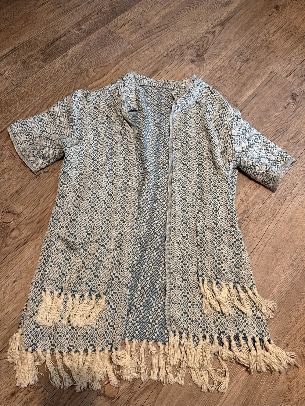Woven Fringe Open-Front Jacket Coat - Cream & Blue